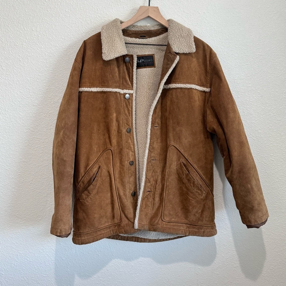 Vtg Lp Uomo Leather Sherpa Lined Suede Jacket Men Large Tan Western Barn Chore